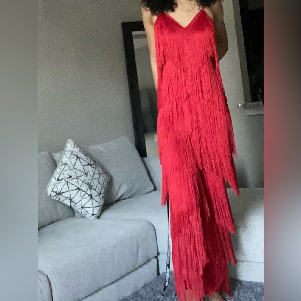 PrettyLittleThing Fringe/Tassel Red One Piece Jumpsuit